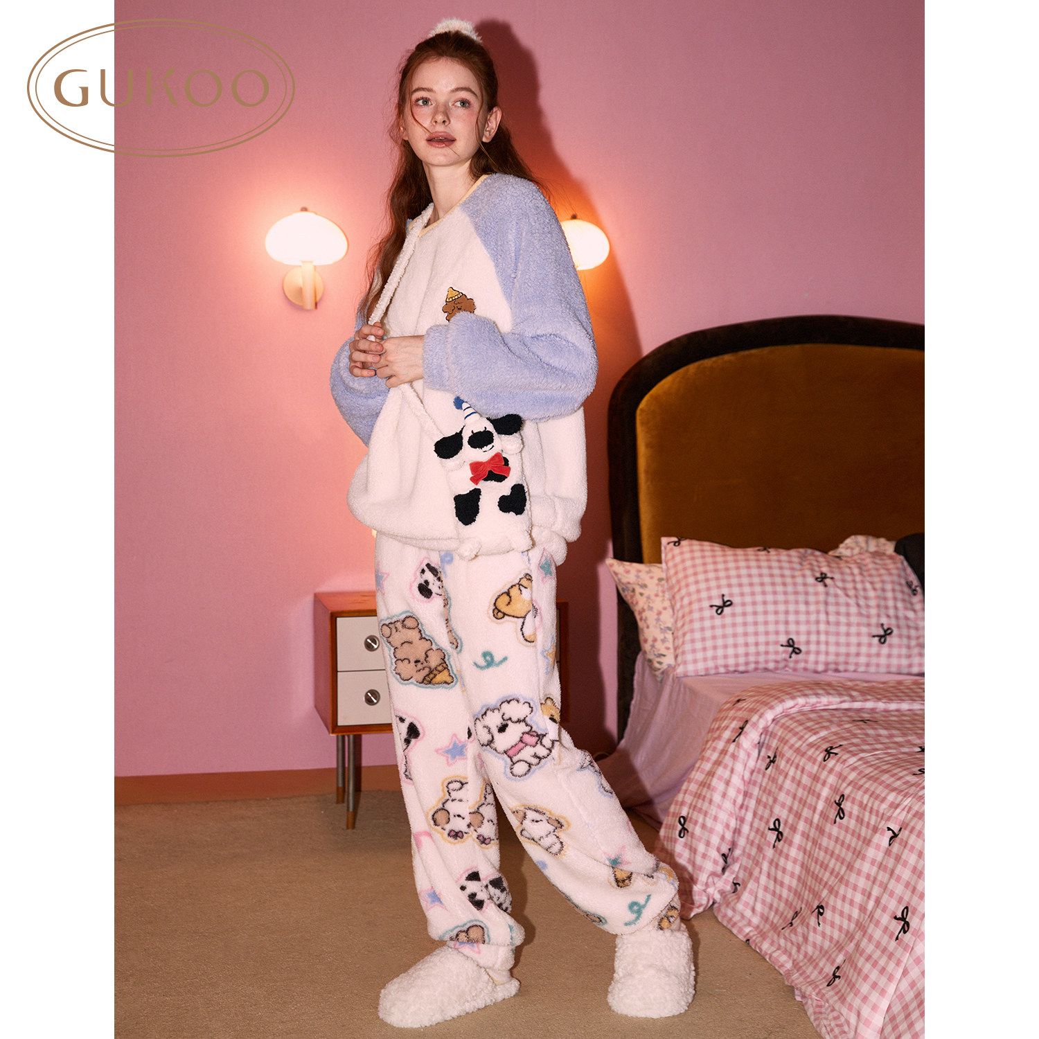 Gukoo/果壳睡衣可爱卡通舒适冬季圆领保暖女士家居服套装可外穿,淘宝优惠券,粉丝福利购,淘宝优惠卷