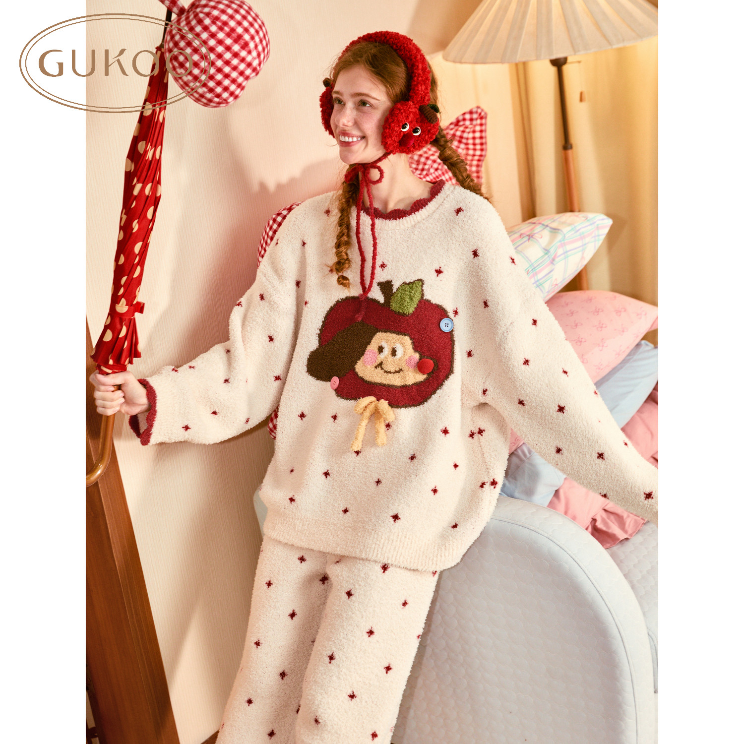 Gukoo/果壳可爱睡衣轰轰小狗半边绒冬季睡衣圆领舒适套装可外穿,淘宝优惠券,粉丝福利购,淘宝优惠卷