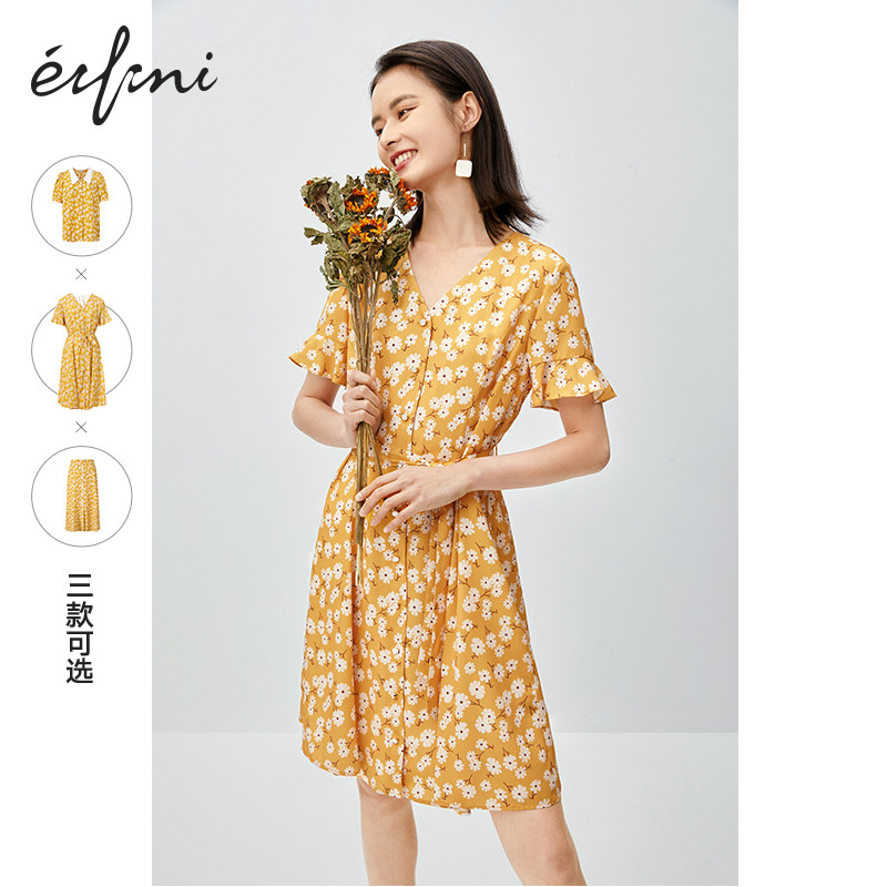 伊芙丽2020年新款夏季黄色炸街雪纺 伊芙丽旗舰连衣裙