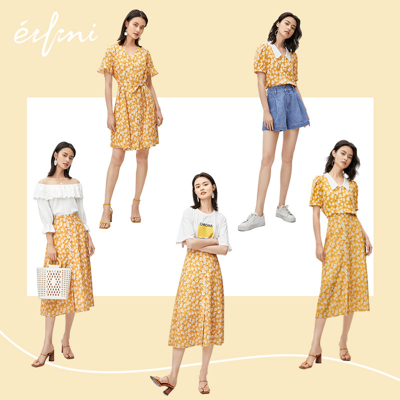 伊芙丽2020年新款夏季黄色炸街雪纺 伊芙丽旗舰连衣裙