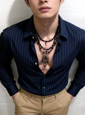 男士复古多层珠链十字架项链