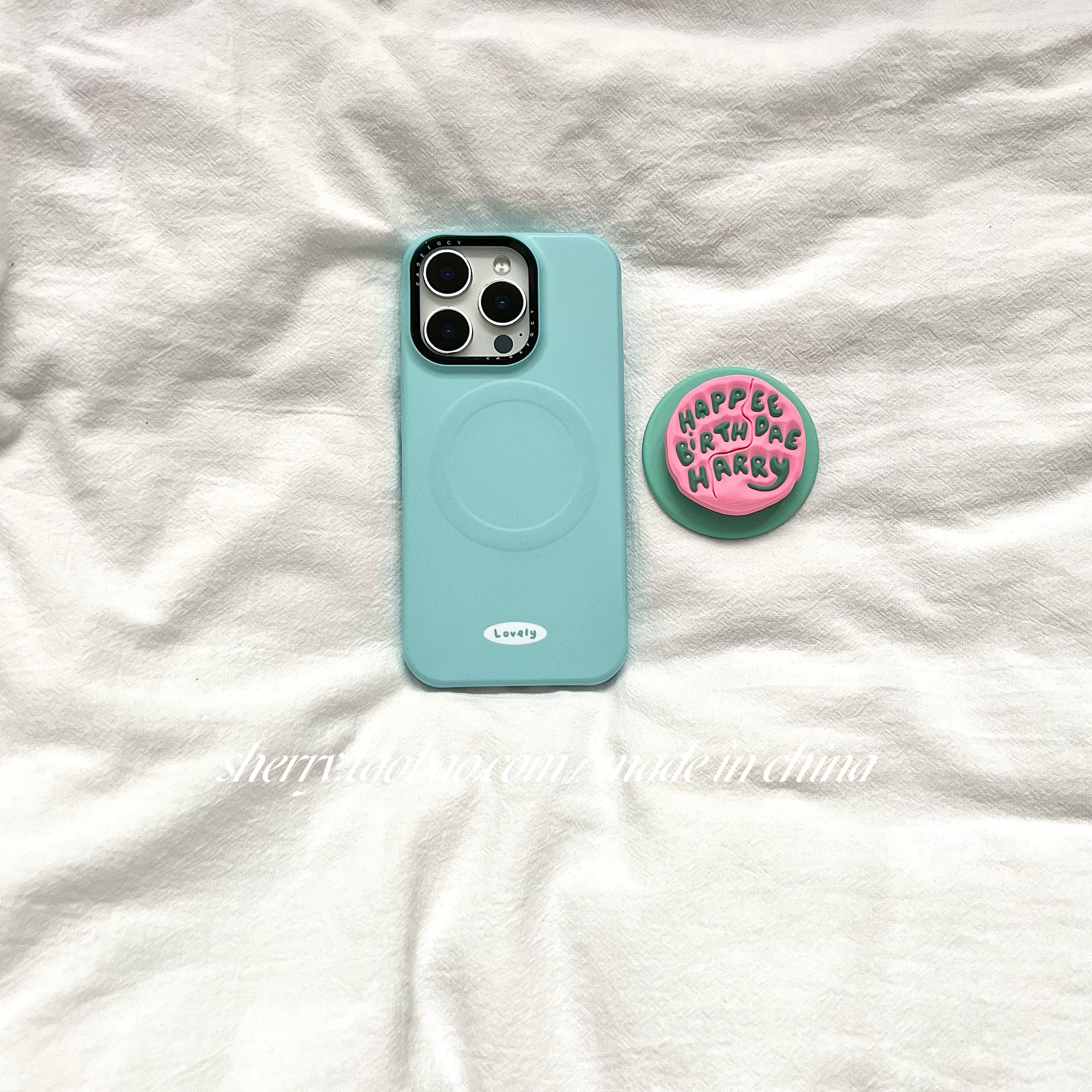 SHERRY*ins风肤感湖水绿磁吸英文支架适用于苹果16ProMax手机壳iPhone15Pro小众少女心14简约13小清新卡通硬 - 图3