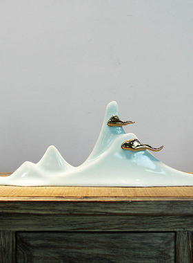 新中式陶瓷青瓷假山摆件客厅造景