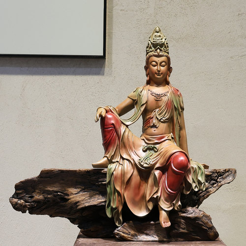 水月自在观音佛像新中式禅意摆件客厅博古架玄关古法鱼缸树脂装饰 - 图0