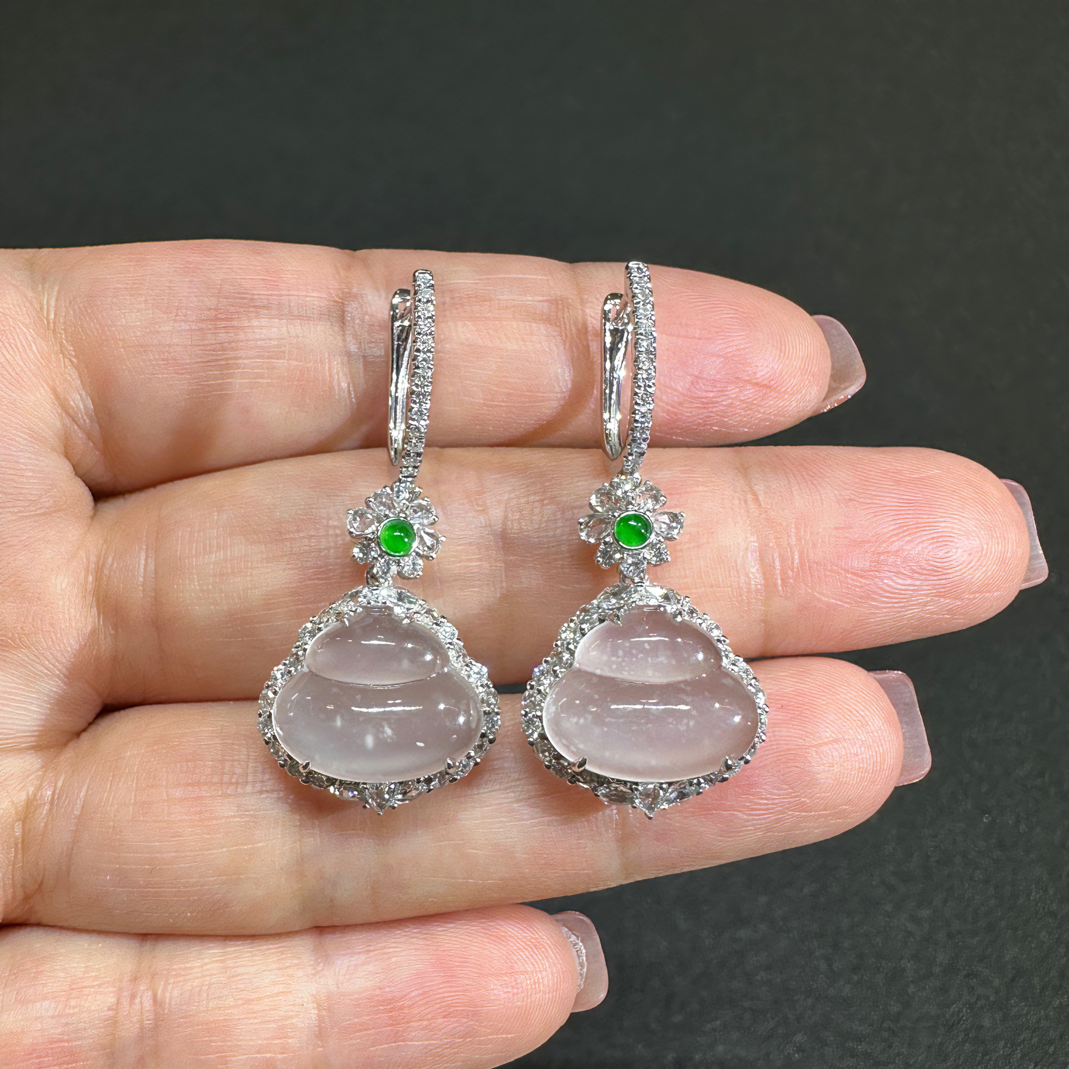 缅甸A货木纳雪花棉白冰翡翠葫芦18k金耳坠钻石起钢光白冰葫芦耳环,淘宝优惠券,粉丝福利购,淘宝优惠卷