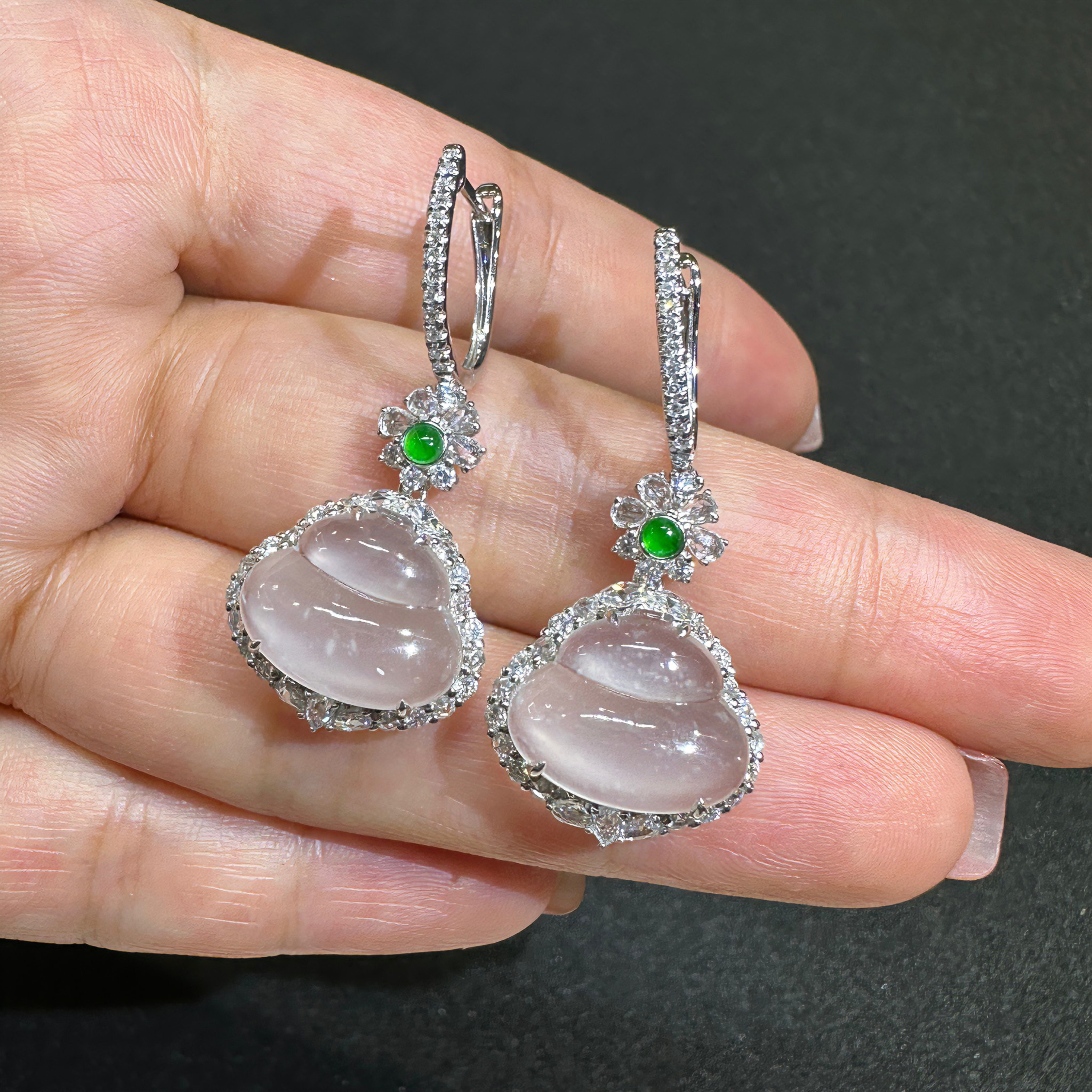 缅甸A货木纳雪花棉白冰翡翠葫芦18k金耳坠钻石起钢光白冰葫芦耳环,淘宝优惠券,粉丝福利购,淘宝优惠卷