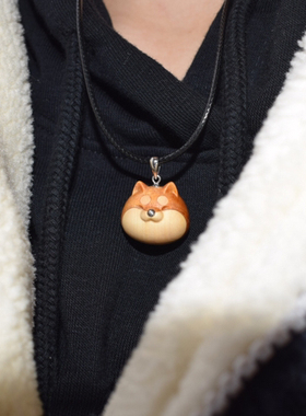 可爱柴犬狗狗旺财木制吊坠项链手工雕刻招财毛衣链男女原创设计