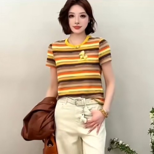2026春秋季节欧美风彩虹条纹短袖针织衫女修身圆领套头糖果风上衣 - 图0