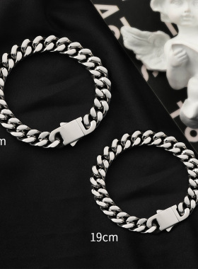 欧美跨镜嘻哈手链男士不锈钢古巴链国潮钛钢粗钛钢项链可激光LOGO