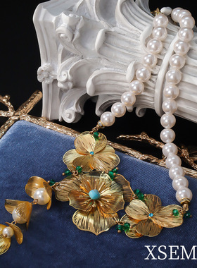 夸张新款新中式金色花朵项链玛瑙天然石耳环复古中国风夸张新娘服