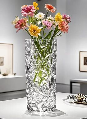 创意感水晶圆柱玫瑰花银柳大花瓶插花玻璃花瓶家居客厅摆件