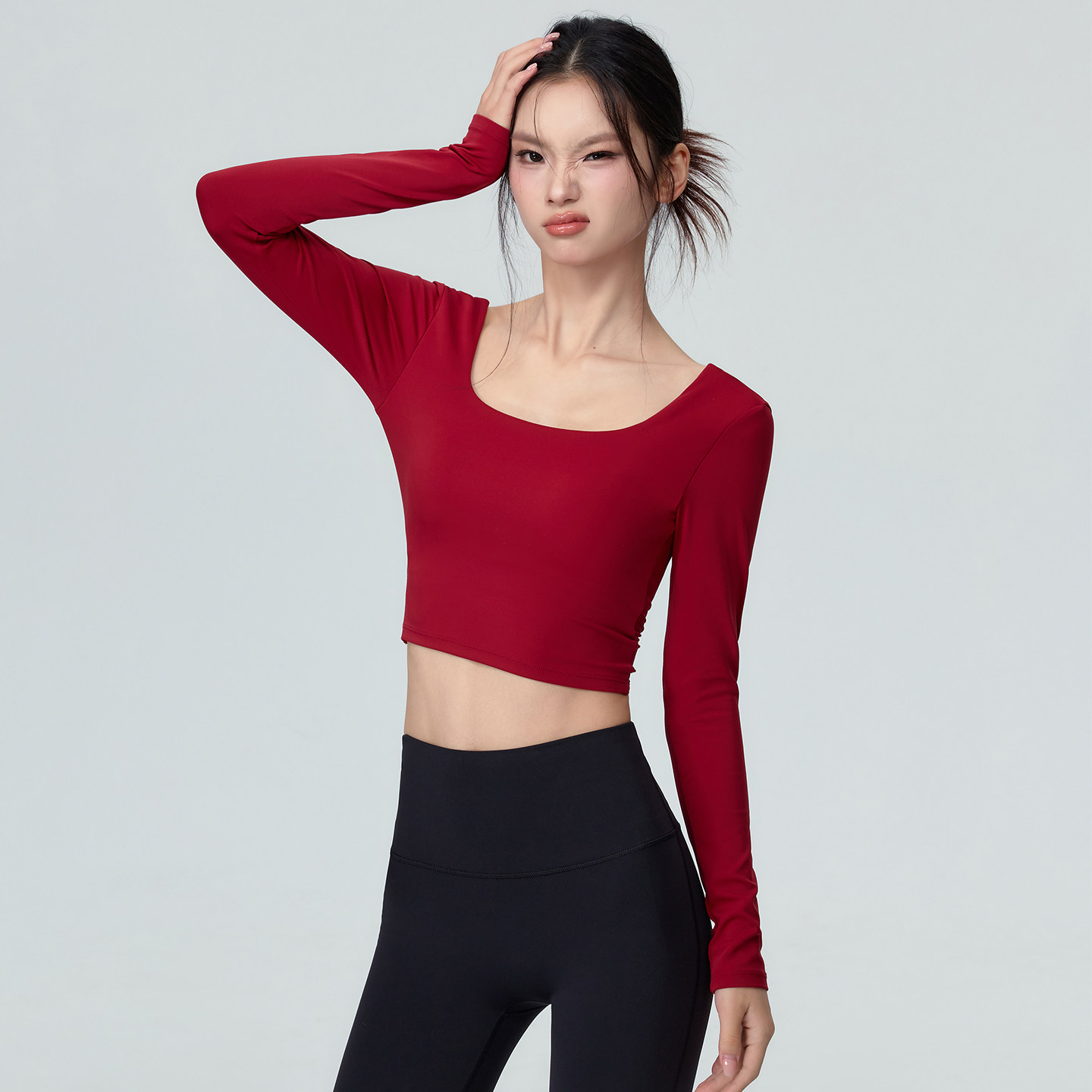 Mitaogirl秋季新款交叉美背瑜伽服女士休闲运动T恤方领长袖健身服,淘宝优惠券,粉丝福利购,淘宝优惠卷