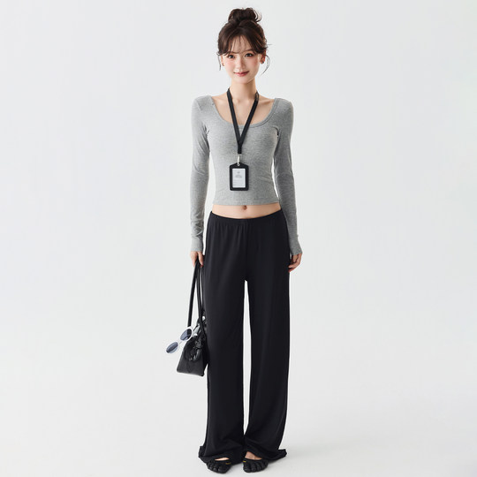 Mitaogirl带胸垫美背运动上衣女修身瑜伽服长袖跑步训练健身衣