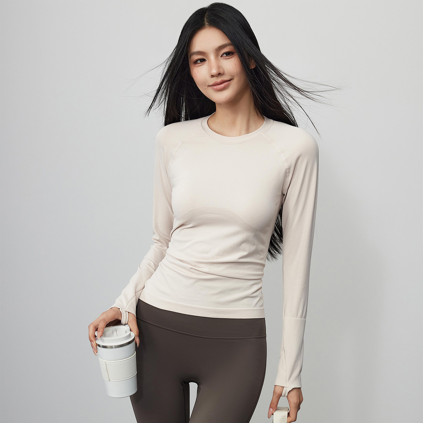 Mitaogirl新款透气瑜伽服长袖T恤肌理修身运动上衣普拉提健身服,淘宝优惠券,粉丝福利购,淘宝优惠卷