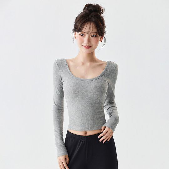 Mitaogirl带胸垫美背运动上衣女修身瑜伽服长袖跑步训练健身衣