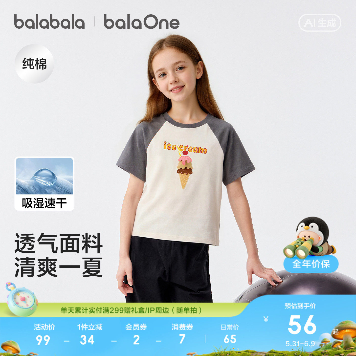 巴拉巴拉童装女童短袖t恤儿童2026新款夏装大童吸湿速干纯棉上衣