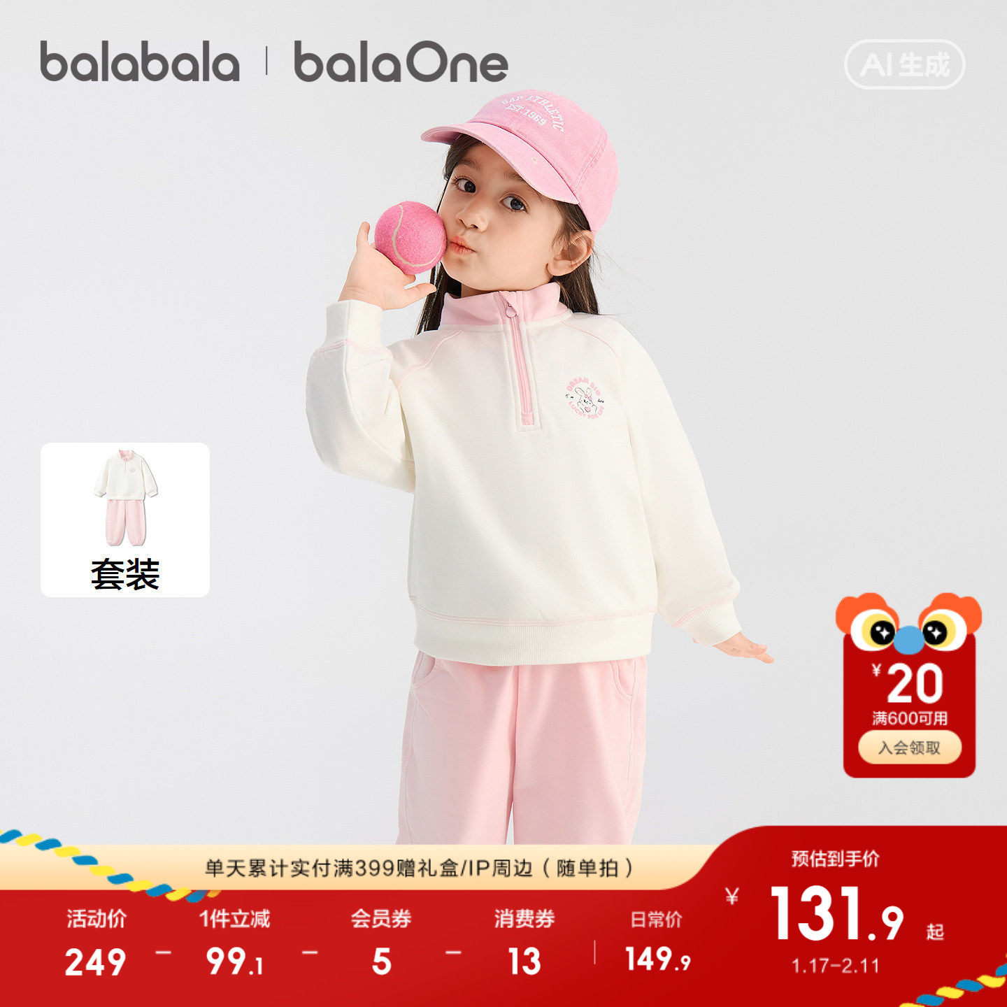 巴拉巴拉童装儿童套装女童宝宝男童两件套新款上衣2025秋冬舒适潮,淘宝优惠券,粉丝福利购,淘宝优惠卷