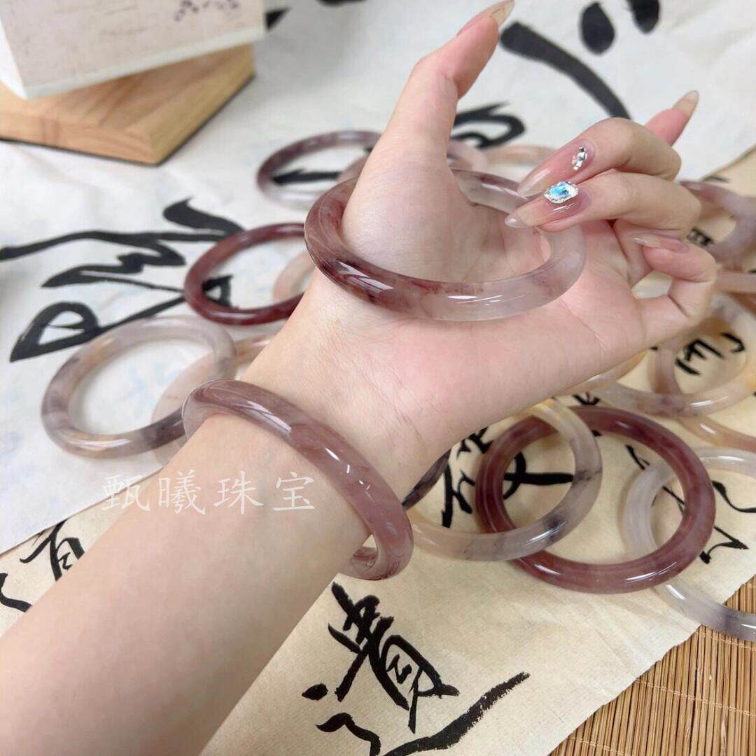 金丝玉手镯树莓气泡水天然真玉手镯细圆条冰透飘花玛瑙翡翠色饰品