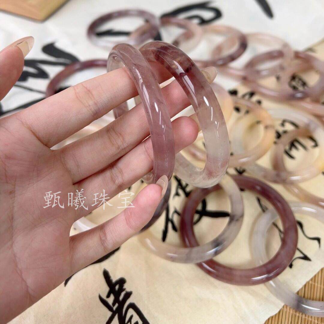 金丝玉手镯树莓气泡水天然真玉手镯细圆条冰透飘花玛瑙翡翠色饰品