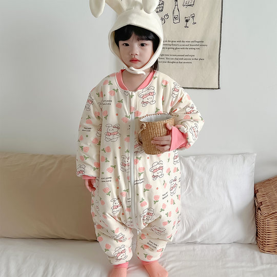 Children's one-piece pajamas to prevent colds in autumn and winter baby split-leg sleeping bag quilted and thickened pure cotton jumpsuit for boys and girls