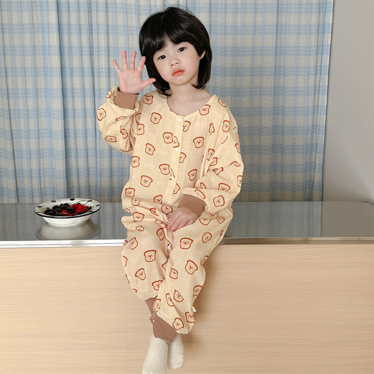 Pijama infantil de una pieza de gasa de doble capa de puro algodón, estilos de primavera y otoño para niños y niñas, saco de dormir con piernas abiertas, protección del vientre y ropa para el hogar resistente al frío