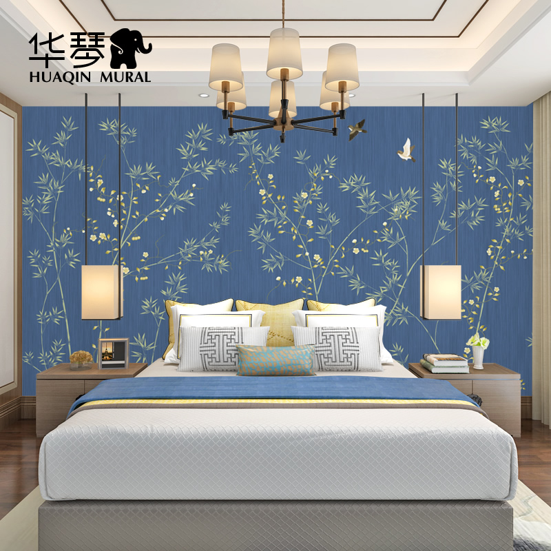 中式竹子竹林花鸟壁画蓝色客厅卧室电视背景墙大厅茶楼无纺布墙纸