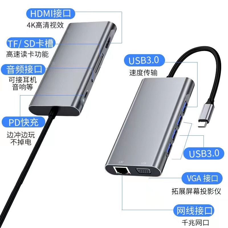 typec拓展坞USB3.0适用苹果华为联想笔记本电脑hdmi网口VGA视频线