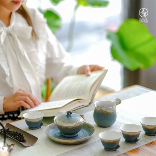 万仟堂陶瓷功夫茶具荷花套装礼盒装客厅家用盖碗泡茶壶秋荷一池02 - 图0