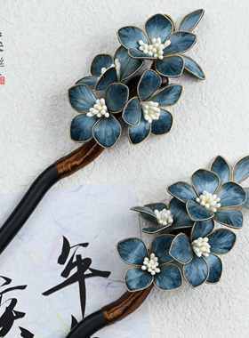 青思-掐丝手工非遗绒花簪花蚕丝汉服旗袍新中式配发饰黑檀木发簪