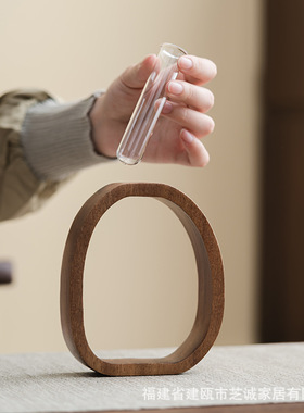 胡桃木实木水培花器桌面摆件迷你玻璃植物插花器花瓶家居玻璃花插