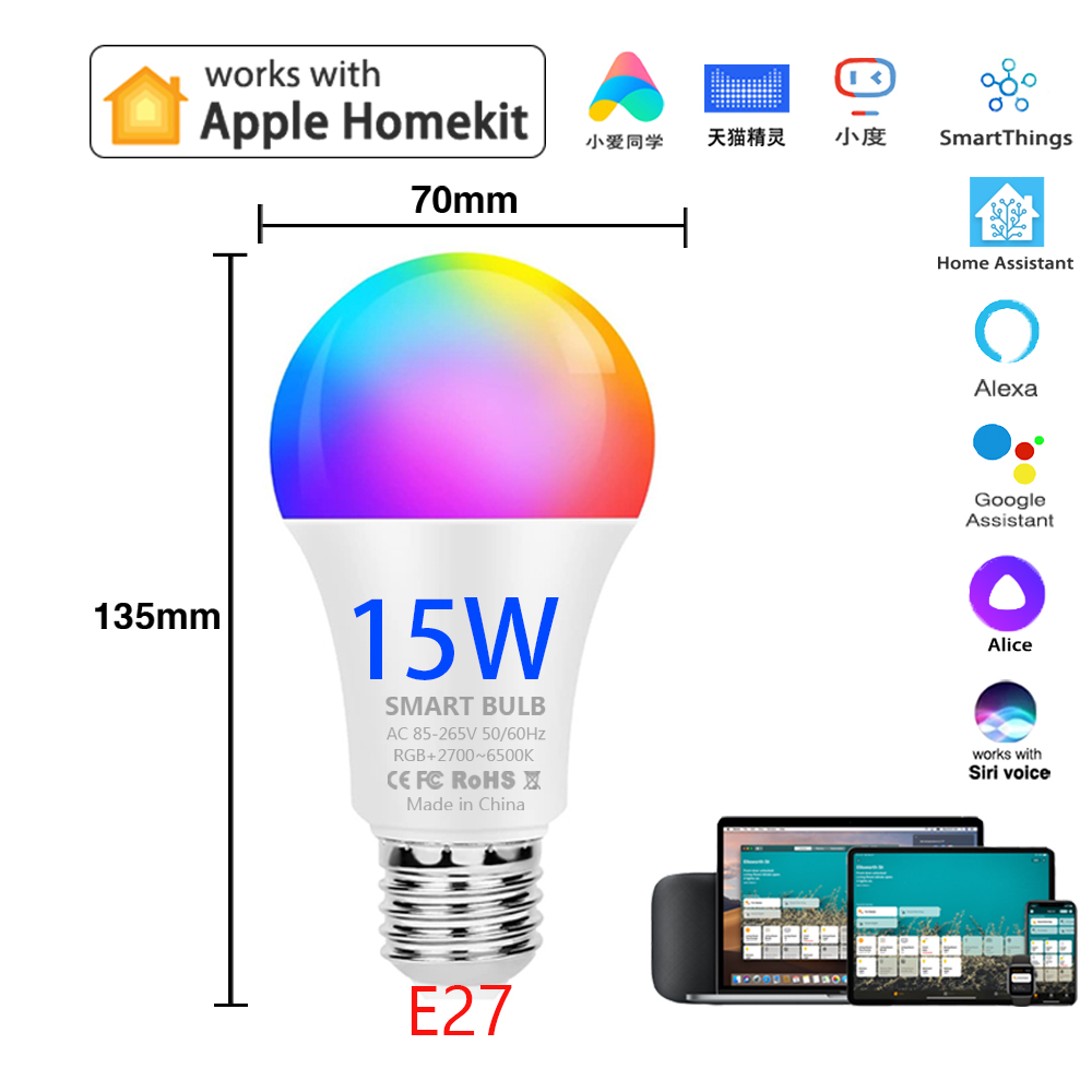 Homekit灯泡智能球泡灯siri语音响WiFi无极调光调色远程9W15W蓝牙 - 图0