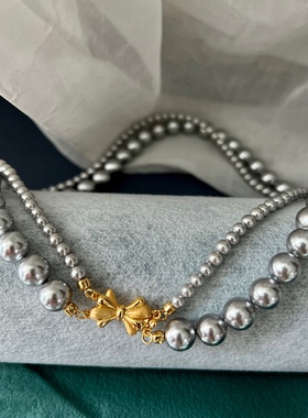 大珠8mm小珠4mm钢丝串制海贝珠仿珍珠真多麻色双层项链锁骨链叠戴