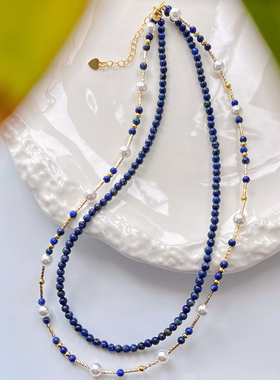 天然青金石项链轻奢小众设计感高级气质百搭法式双层锁骨链送女友