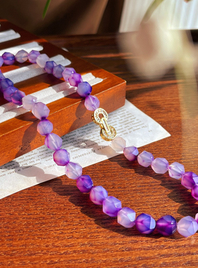 原创手作神秘天然切角紫玉髓项链渐变紫色玉石锁骨链小众饰品