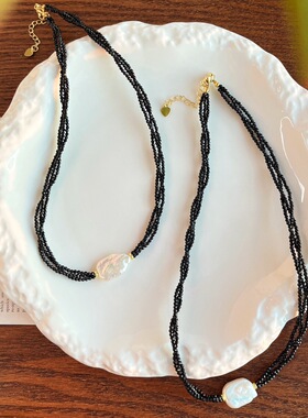 人造黑色小米珠叠戴项链 巴洛克珍珠吊坠轻奢气质百搭锁骨链女