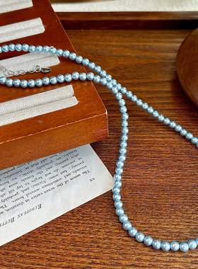 定制银灰蓝真多麻色高级感复古气质施家珍珠项链女正圆锁骨链