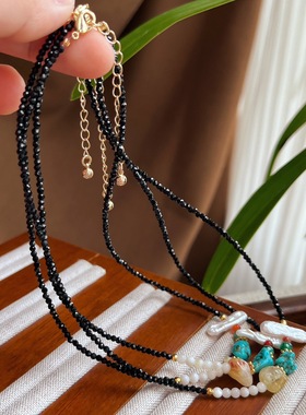 小众高级感极简黑色水晶锁骨链长条珍珠串珠长项链叠戴休闲锁骨链