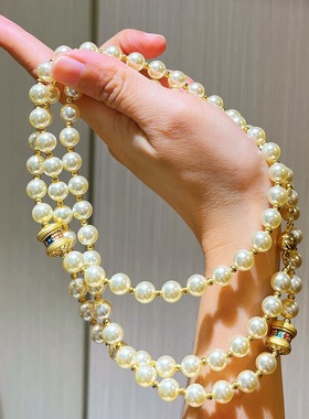 秋冬高品质高光香槟玫瑰色长款施家珍珠毛衣链项链锁骨链女