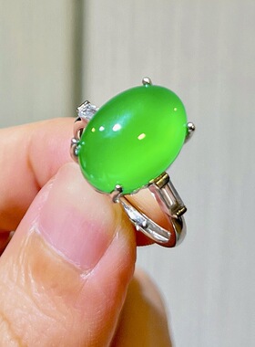 天然鸽子蛋绿玉髓玛瑙戒指开口戒女大颗粒开口戒925纯银镶嵌简约