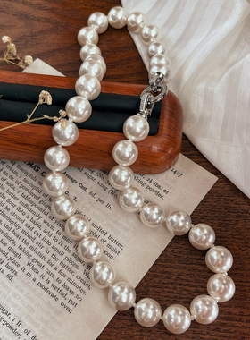 法式颗颗打结大颗粒12mm深海贝珠项链澳白色仿真珍珠项链锁骨链
