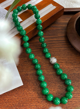 10mm小众复古绿深绿仿真干青翡翠色圆珠项链 新中式旗袍气质女