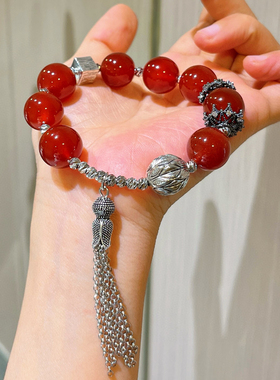 超显白～14mm鸽血红玻璃体高品质天然红玉髓玛瑙流苏复古手链手串