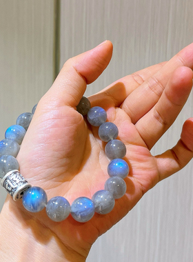 925银手串天然灰月光拉长石手链强光蓝彩月光石水晶手串女
