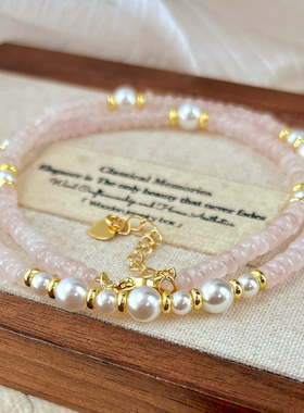 天然粉晶项链混搭小米珠人造珍珠锁骨链新中式国风个性小众设计