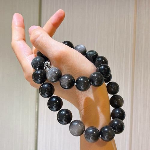 14mm大颗粒天然暗夜系银曜石项链锁骨链ins风暗黑系串珠男女款 - 图1