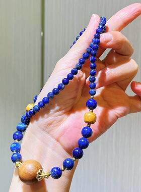 原创手作天然青金石檀木长款项链女复古风气质百搭串珠毛衣链