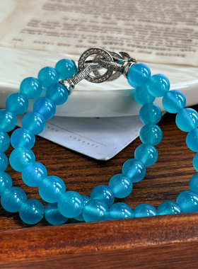 8mm超美的天然蓝玉髓项链手链套装天蓝色欧美风小众新品