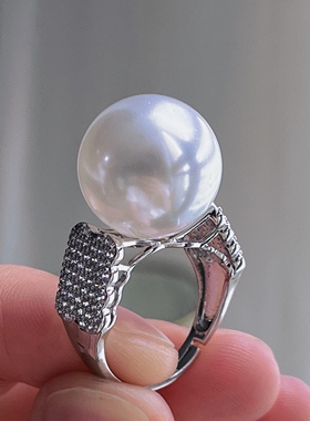 16mm超大颗粒高定精工豪华款冷光澳白 施家珍珠戒指小众欧美范