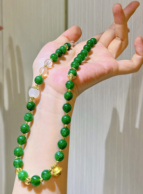 原创复古绿色串珠项链翡翠色石英岩天然白水晶设计感项链锁骨链