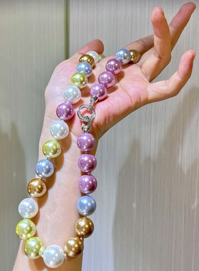 14mm新配色高品质大颗粒正圆粉绿人造水晶珍珠项链锁骨链欧美范